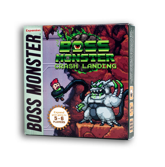 Product image of 'Boss Monster: Crash Landing' game box, featuring illustrations of a robot and a monster with the text 'dungeon building card game' and '5-6 players' indicated.