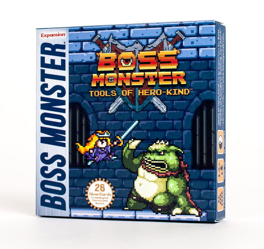 Product image of 'Boss Monster: Tools of Hero-Kind' game box, featuring illustrations of a character with a sword and a dragon on a blue brick background.