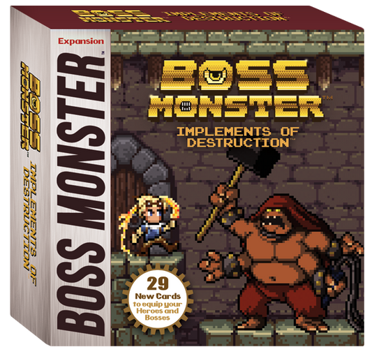 Product image for Boss Monster: Implements of Destruction, showing the box cover with illustrations of a character and a boss monster, along with the text detailing the expansion's content.