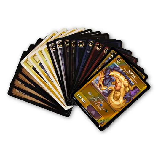 Collection of trading cards with a prominent dragon card on a white background